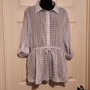 Anthropologie Blue Tassel Blouse Tunic with Drawstring Waist.